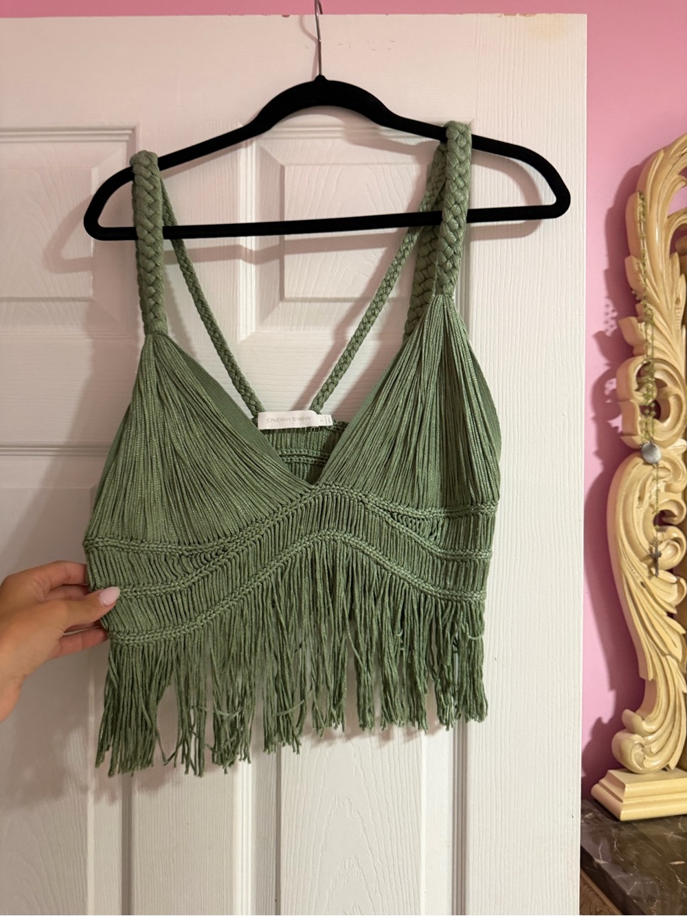 Jonathan Simkhai Fringe Knit Cropped Tank Top - Sage Green